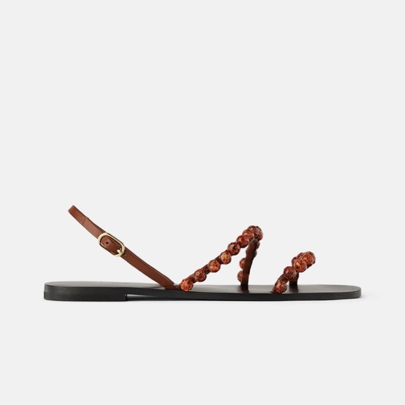 ZARA LEATHER BEADED FLAT SANDALS BRAND NEW WITH TAGS & BOX US 8 EUR 39 BROWN - Picture 3 of 6